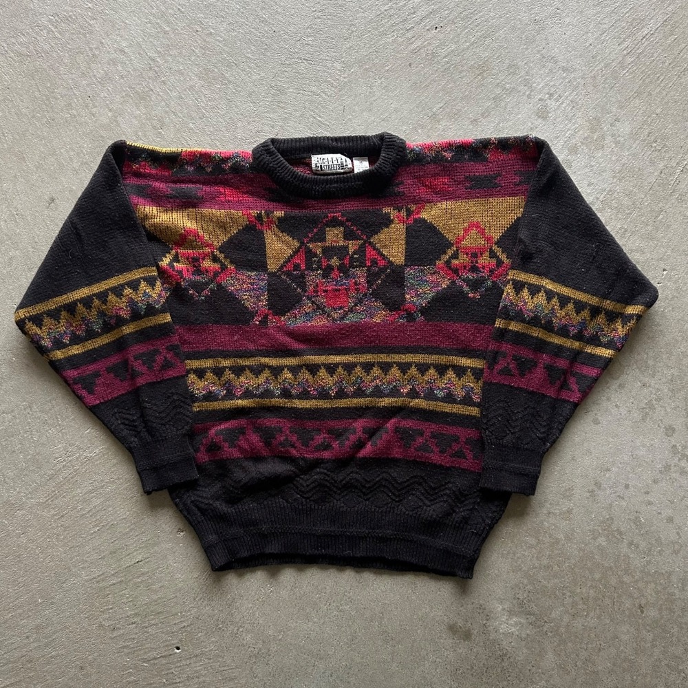 Vintage 80s City Streets Sweater Size Medium Black Geometric Aztec Knit Crewneck